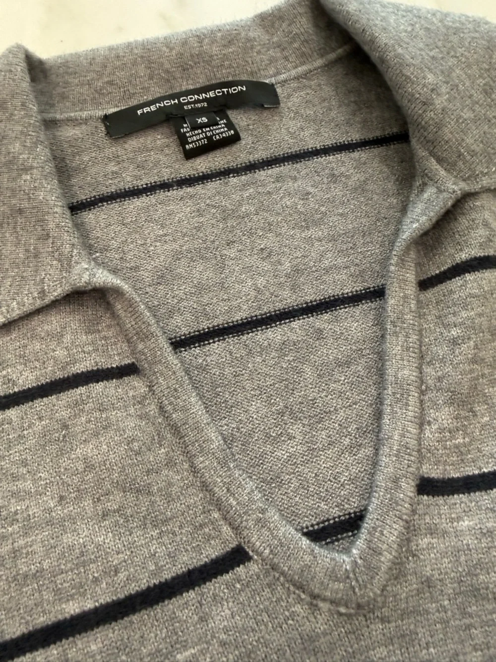 French Connection Gray Striped Collared V-Neck Sweater - Picture 5 of 5
